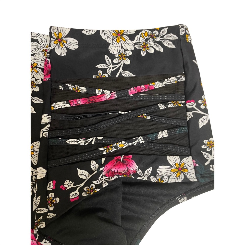 Floral High Waisted Bikini Set Black Pink Strappy Lattice Mesh 2X Swimsuit - Picture 4 of 6